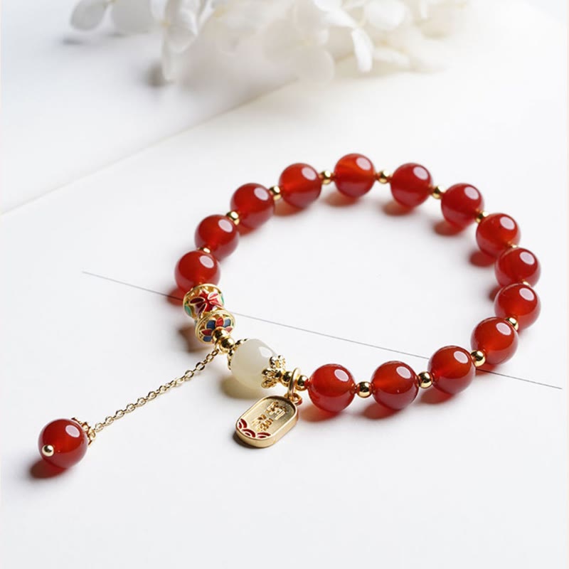 Buddha Stones Natural Red Agate Hetian Jade Fu Character Confidence Charm Bracelet