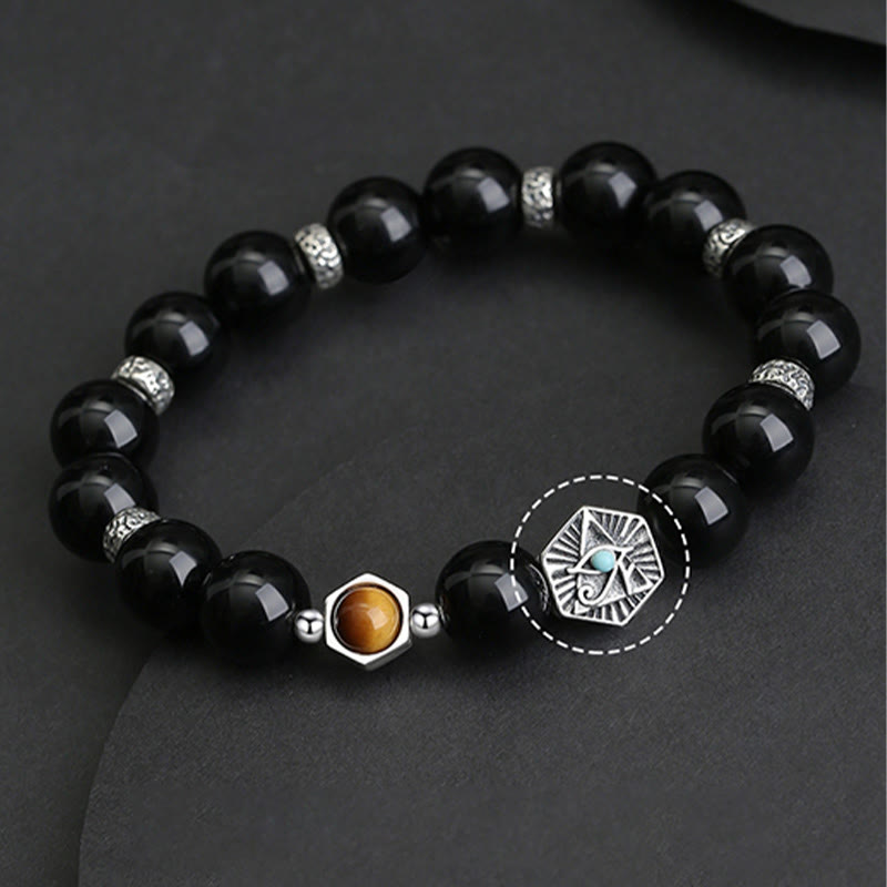 Buddha Stones 925 Sterling Silver Black Obsidian Tiger Eye Eye of Providence Purification Bracelet