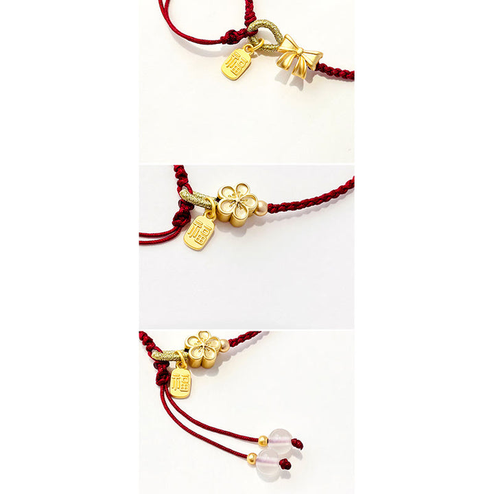 Buddha Stones Handmade Peach Blossom Rosette Bow Knot Fu Character Charm Luck Fortune Red Rope Bracelet