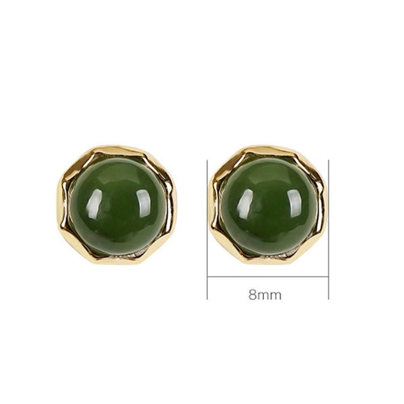 Buddha Stones 925 Sterling Silver Plated Gold Natural Hetian Cyan Jade Bead Luck Stud Earrings