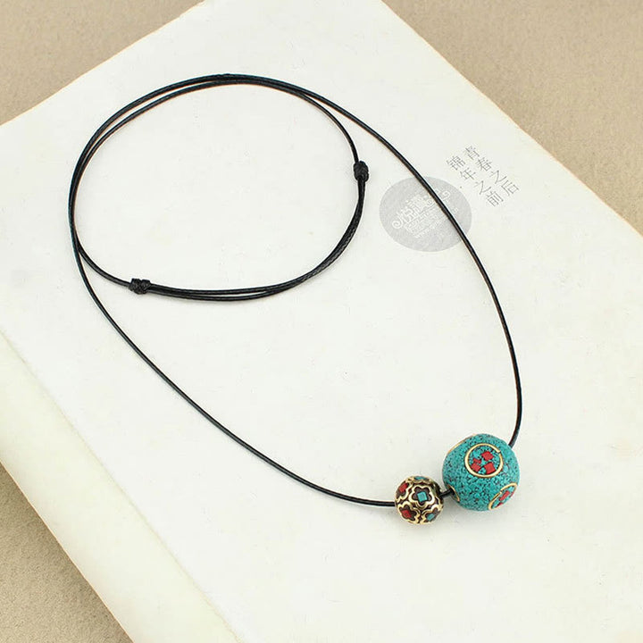 Buddha Stones Tibetan Turquoise Double Bead Protection Strength Necklace Pendant