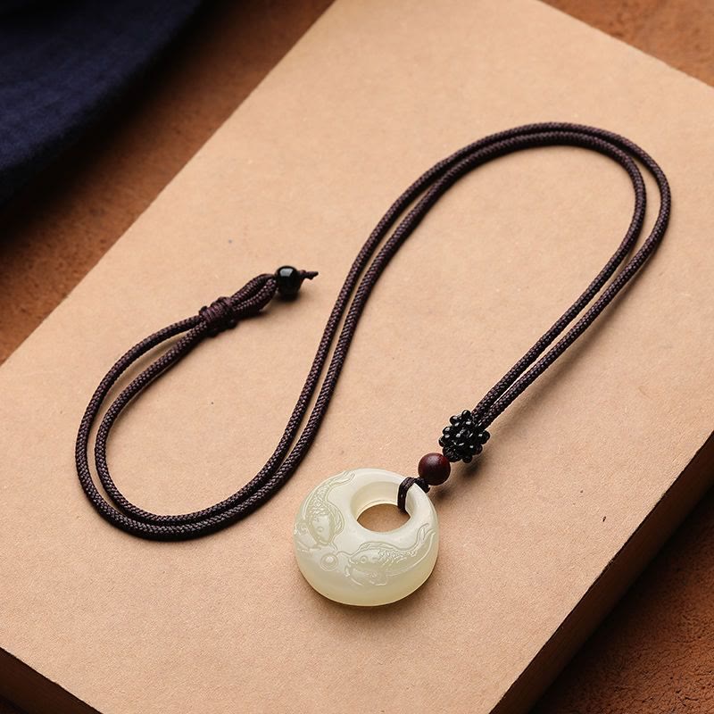 Buddha Stones White Jade Double Koi Fish Carved Prosperity Success Necklace Pendant