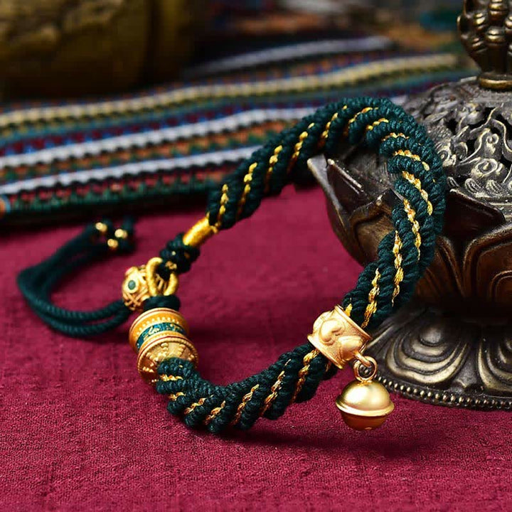 Tibetan Handmade Luck Protection Thangka Prayer Wheel Bell Charm Braid String Bracelet