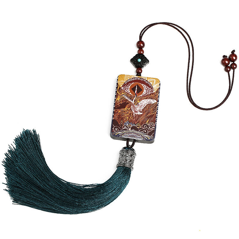 Buddha Stones Vintage Handmade Auspicious Crane Ebony Wood Balance Tassel Car Hanging Decoration