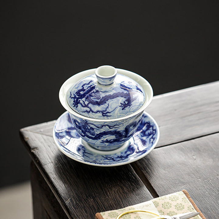 Buddha Stones Blue and White Dragon Pattern Porcelain Gaiwan Sancai Teacup Kung Fu Tea Cup And Saucer With Lid