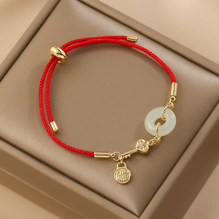 Buddha Stones 18K Gold Plated Hetian Jade Peace Buckle Fu Character Luck Red Rope Bracelet