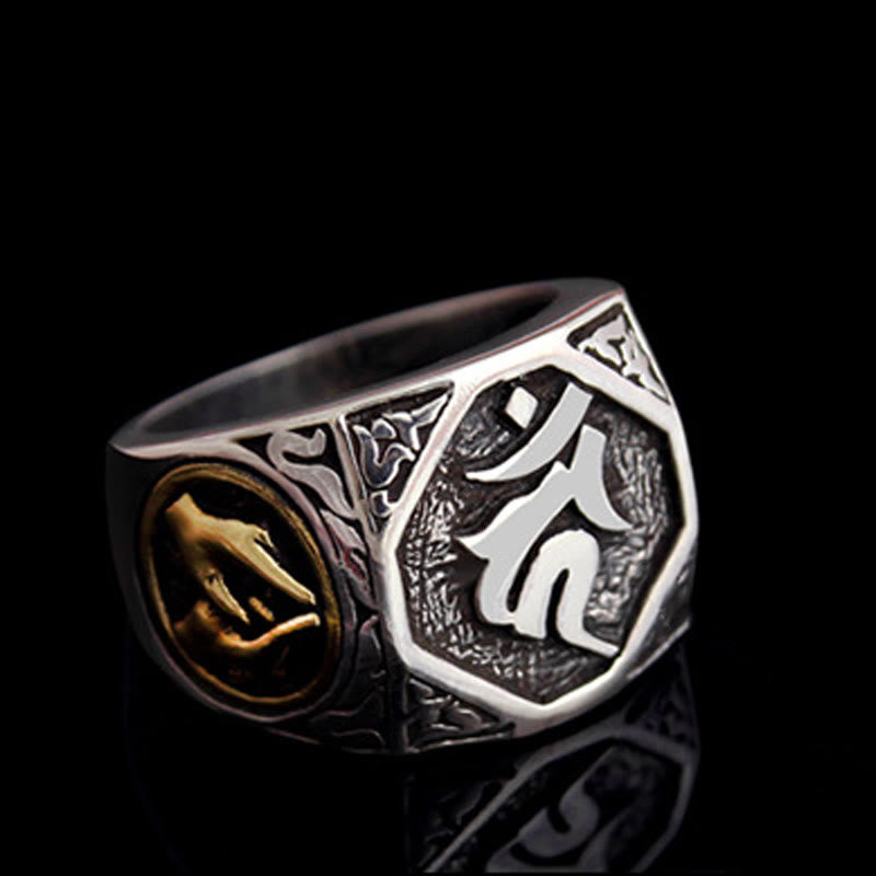 Buddha Stones 925 Sterling Silver Sanskrit Design Carved Protection Adjustable Ring