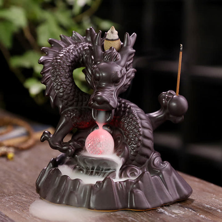 Auspicious Dragon Ceramic Backflow Smoke Fountain Meditation Healing Incense Burner Led Ball Decoration