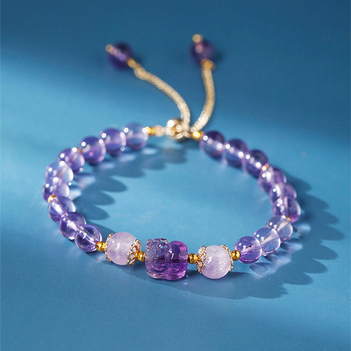 Buddha Stones Aquamarine Strawberry Quartz Amethyst Moonstone PiXiu Healing Bracelet