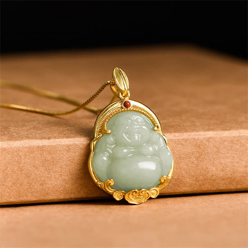 925 Sterling Silver Laughing Buddha Natural Hetian Jade Luck Prosperity Necklace Pendant