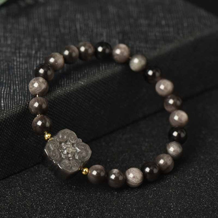 Buddha Stones Silver Sheen Obsidian Lotus Flower Nine Tailed Fox Laughing Buddha Protection Bracelet