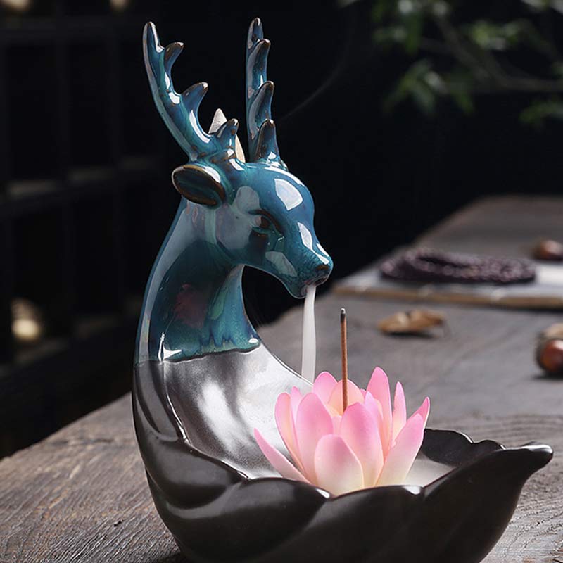 Buddha Stones Little Deer Ceramic Lotus Meditation Incense Burner Decoration