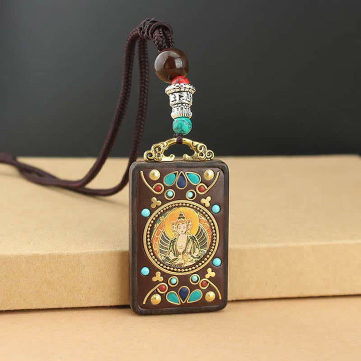 Buddha Stones Tibet God of Wealth Thangka Ebony Peace Necklace Pendant