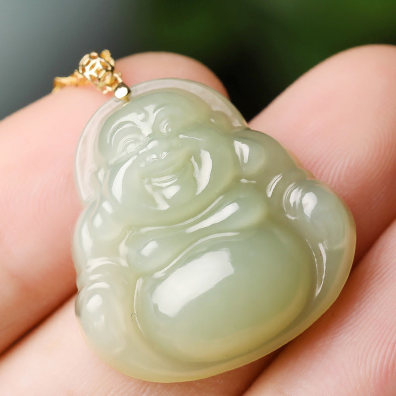 925 Sterling Silver Laughing Buddha Cyan Jade 18K Gold Success Necklace Pendant