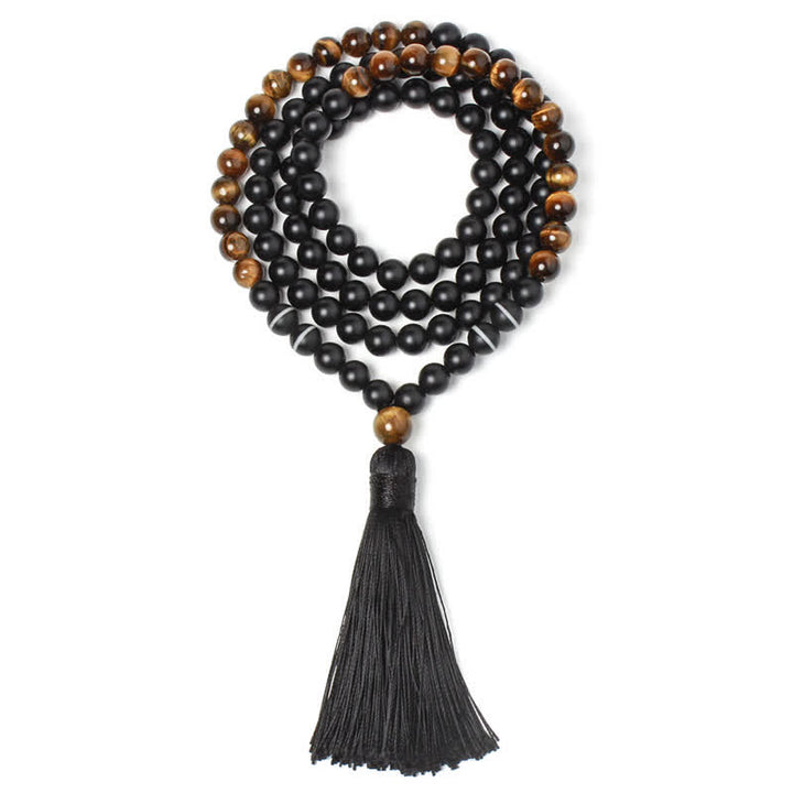 Buddha Stones Black Onyx Tiger Eye Fortune Bracelet Tassel Necklace Pendant