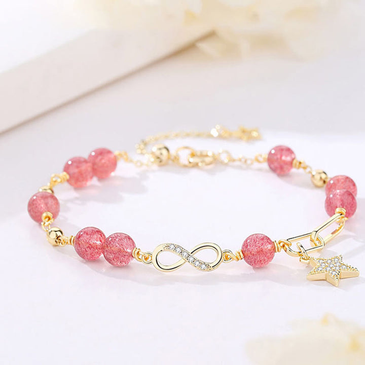 Buddha Stones 14K Gold Plated Natural Strawberry Quartz Moonstone Möbius Loop Eternal Love Star Positive Bracelet