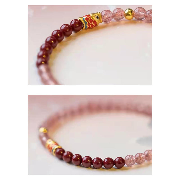 Buddha Stones Natural Strawberry Quartz Cinnabar Lucky Koi Fish Healing Bracelet