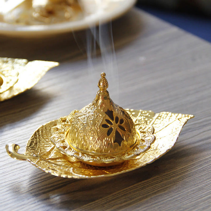 Tibetan Gold Mini Leaf Coaster Meditation Incense Burner