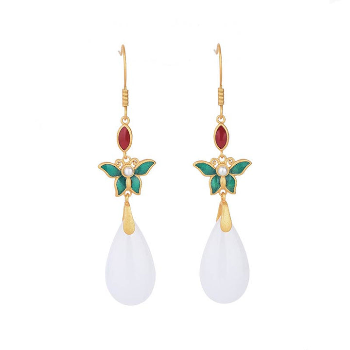 Buddha Stones FengShui White Jade Luck Drop Earrings