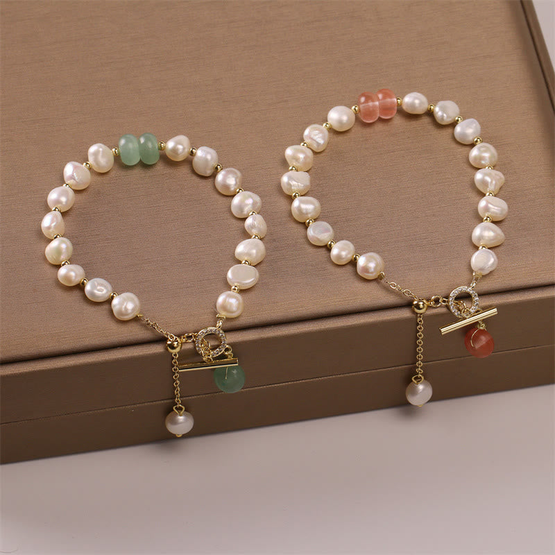 Buddha Stones Pearl Green Strawberry Quartz Bead Healing Chain Bracelet