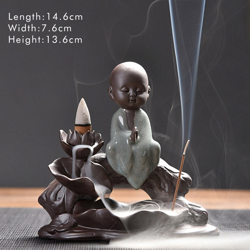 Buddha Little Monk Ceramic Lotus Blessing Incense Burner Decoration