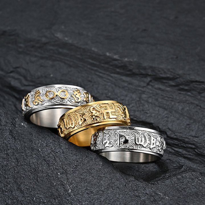 Buddha Stones Om Mani Padme Hum Balance Calm Titanium Steel Ring