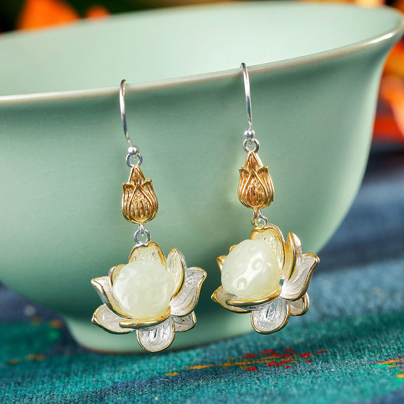 Buddha Stones White Jade Protection Harmony Drop Earrings