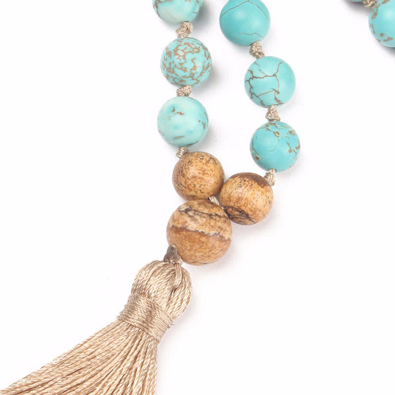 108 Mala Beads Turquoise Picture Jasper Wisdom Tassel Bracelet