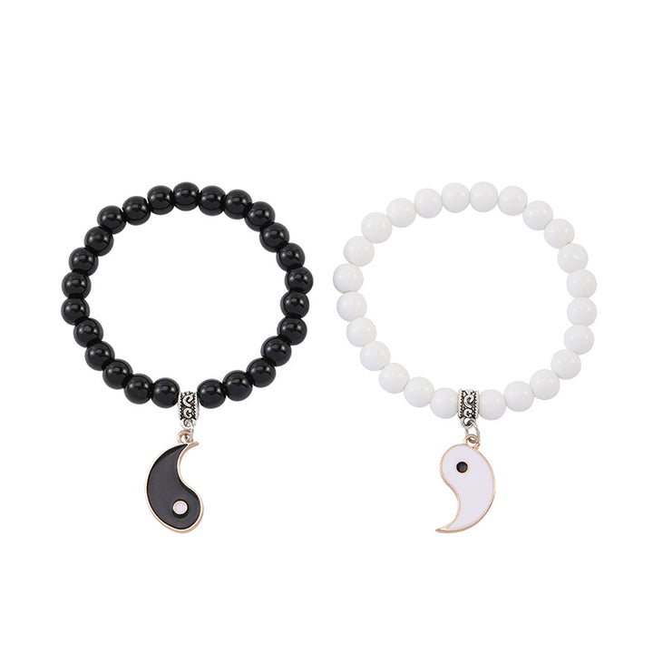 Buddha Stones 2Pcs Black Onyx White Turquoise Bead Yin Yang Protection Couple Bracelet