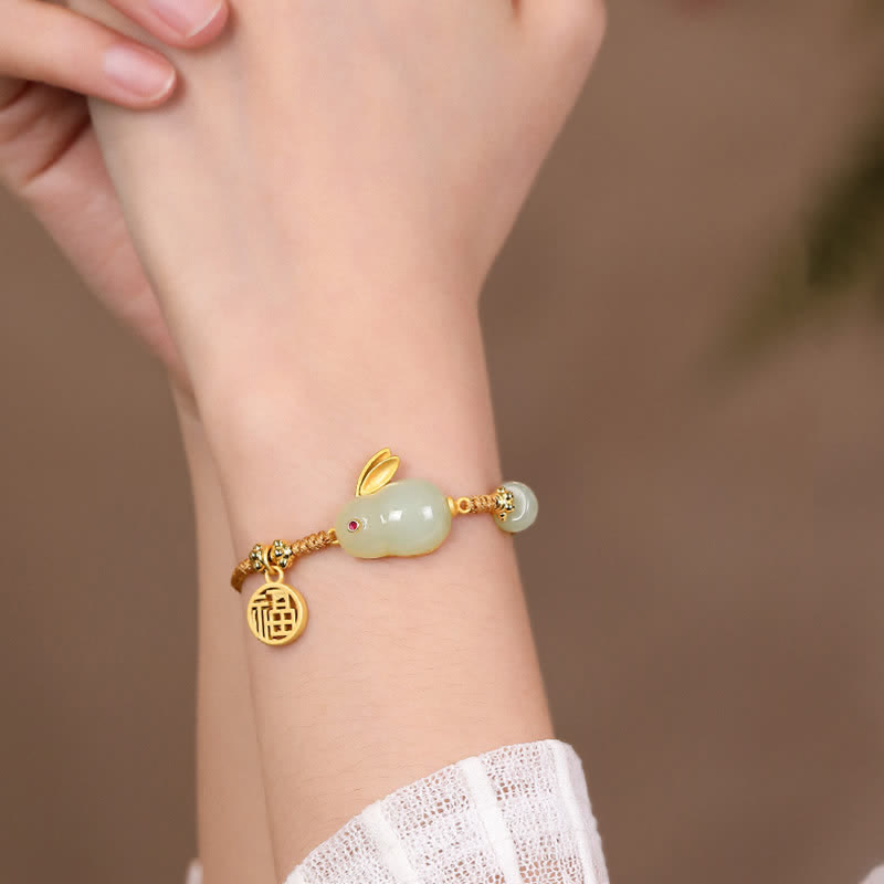 Buddha Stones Year of the Rabbit Hetian Jade Happiness Blessing Wealth String Bracelet