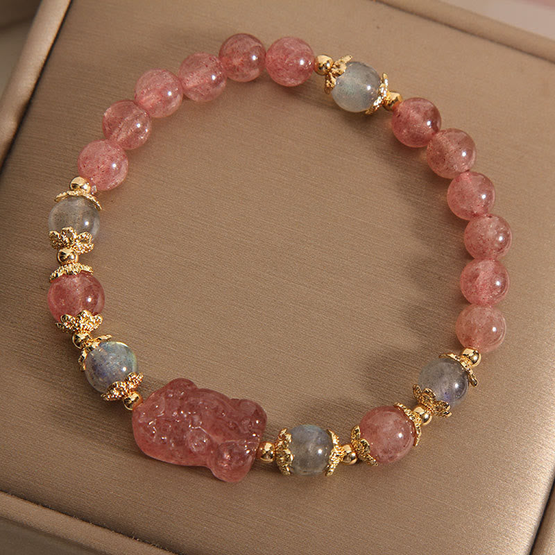 Buddha Stones Natural Strawberry Quartz Moonstone PiXiu Positive Bracelet