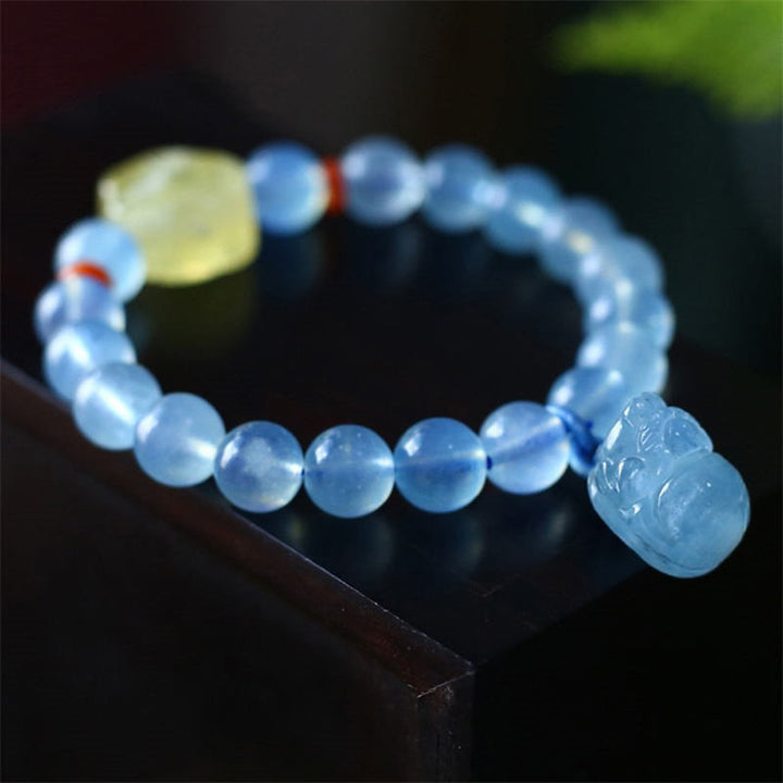 Natural Aquamarine Amber Pixiu Peace Healing Charm Bracelet