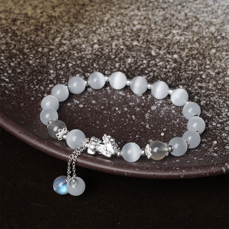 Buddha Stones Natural Cat's Eye Moonstone Strawberry Quartz PiXiu Support Bracelet