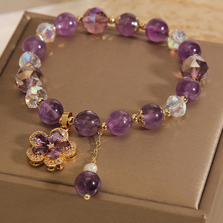 Natural Amethyst Pearl Flower Charm Positive Transformation Bracelet