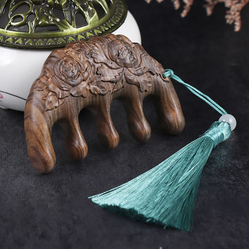 Green Sandalwood Plum Blossom Flowers Lotus Koi Fish Engraved Soothing Tassel Comb