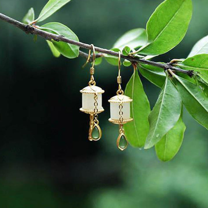 Buddha Stones 925 Sterling Silver Jade Prayer Wheel Luck Drop Earrings