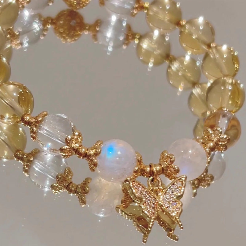 Buddha Stones Citrine Moonstone Butterfly Charm Prosperity Protection Bracelet