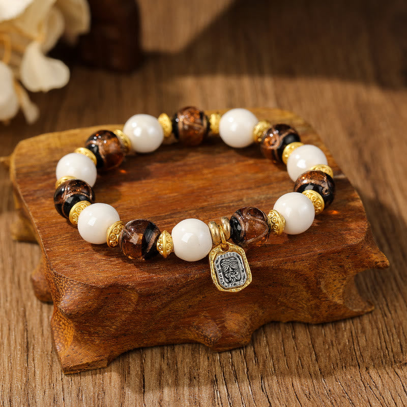 Buddha Stones Tibetan Zakiram Goddess of Wealth Charm Liuli Glass Incense Ash Porcelain Bead Protection Bracelet