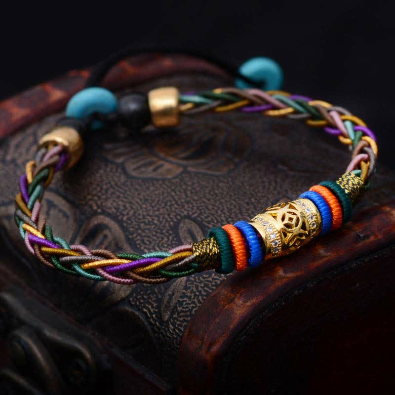 Buddha Stones Tibetan Handmade Eight Thread Knot Copper Coin Luck Weave String Bracelet