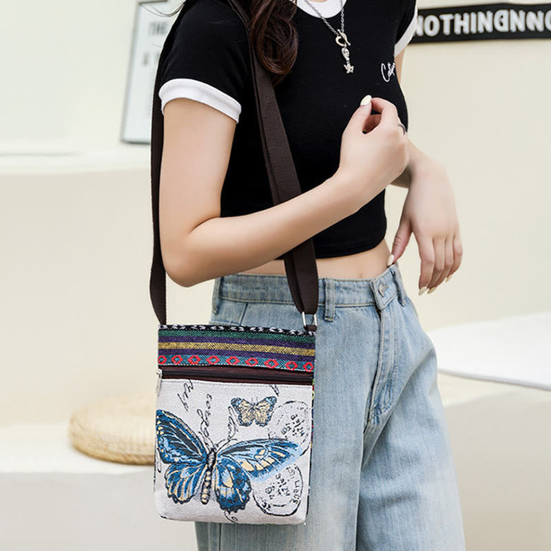 Elephant Butterfly Embroidered Canvas Tote Bag Shoulder Bag Crossbody Bag