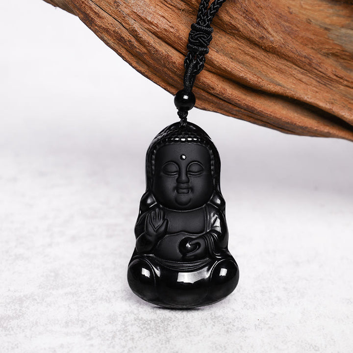 Buddha Stones Natural Black Obsidian Crystal Buddha Strength Protection Amulet Lucky Charm Pendant Necklace