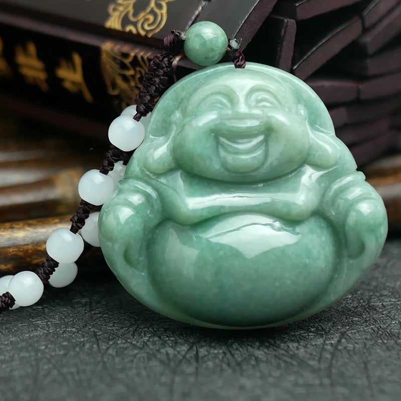 Laughing Buddha Cyan Jade Harmony Necklace String Bead Pendant