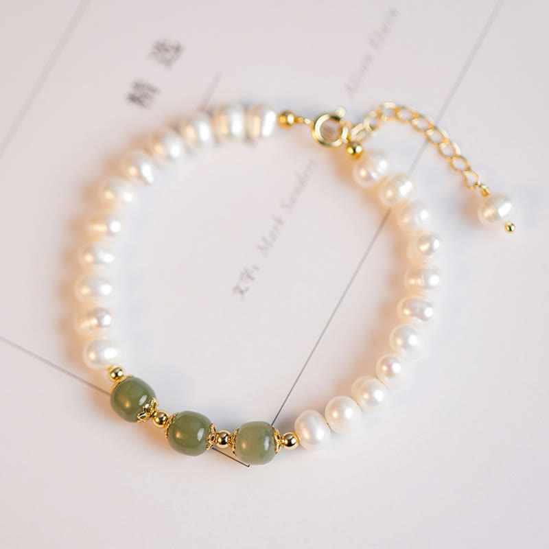 14K Gold Plated Natural Pearl Hetian Cyan Jade White Jade Sincerity Bead Chain Bracelet