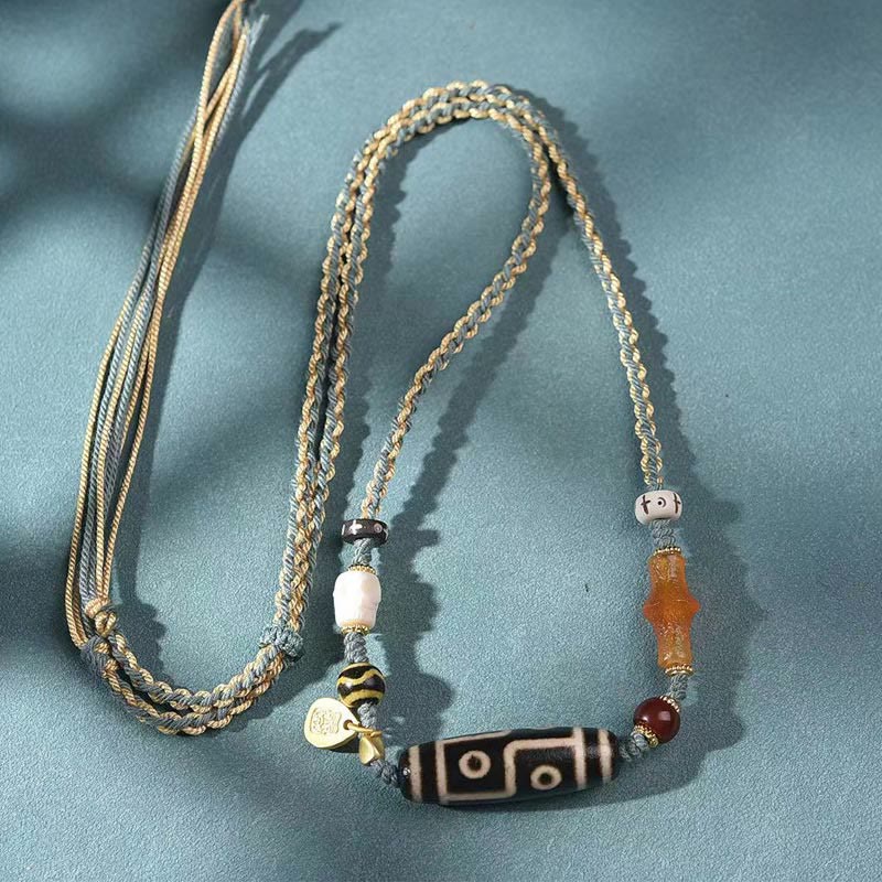 Buddha Stones Tibetan Dzi Bead OM Symbol Protection Wealth Necklace Pendant