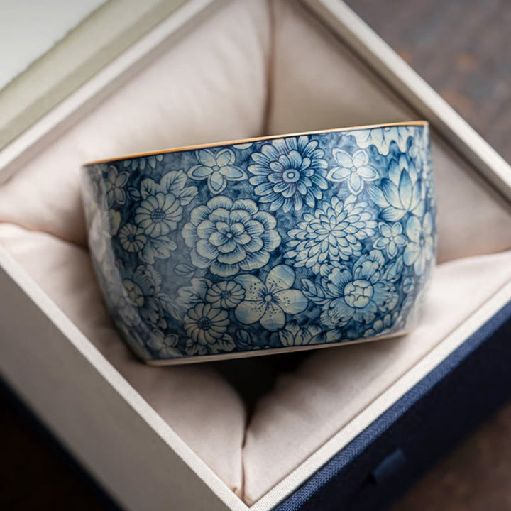 Buddha Stones Blue Lotus Peach Blossom Chrysanthemum Design Ceramic Teacup Kung Fu Tea Cups