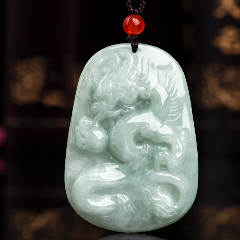 Chinese Zodiac Flying Dragon Jade Protection Necklace String Pendant