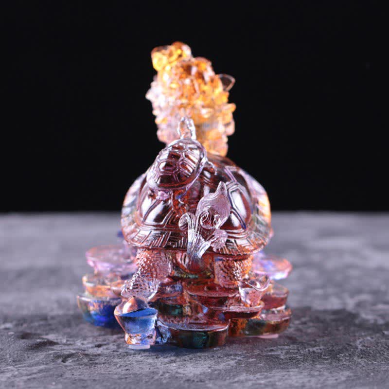 Buddha Stones Feng Shui Dragon Turtle Coins Handmade Liuli Crystal Luck Art Piece Home Office Decoration