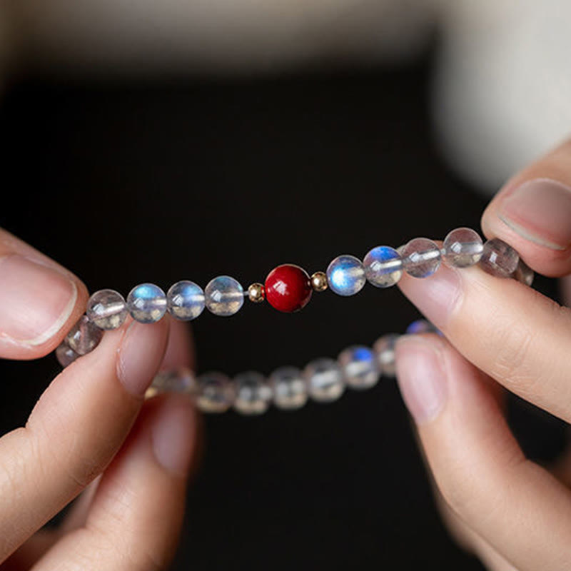 Buddha Stones Moonstone Pink Crystal Cinnabar Healing Positive Bracelet