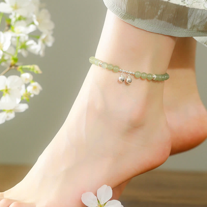 925 Sterling Silver Natural Hetian Jade Prosperity Bell Charm Anklet