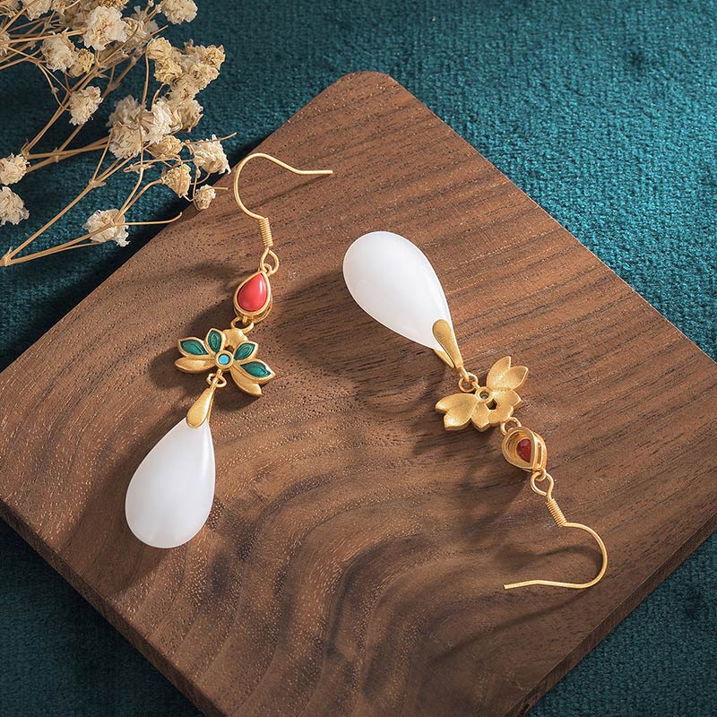 Buddha Stones FengShui White Jade Luck Drop Earrings